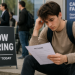 Young Canadian job seekers attending a career fair and reviewing employment opportunities