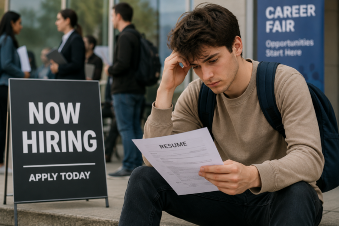 Young Canadian job seekers attending a career fair and reviewing employment opportunities