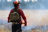 Dark rain clouds moving over a wildfire-affected forest area in British Columbia as smoke rises in the background.