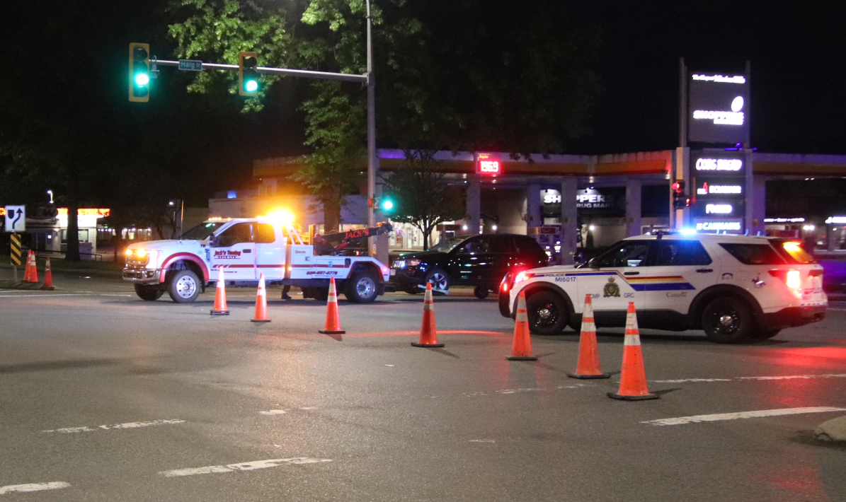 Emergency vehicles and police responding to a serious traffic collision in Mission, British Columbia.
