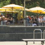 Craft beer glasses served at a busy British Columbia brewery patio during summer