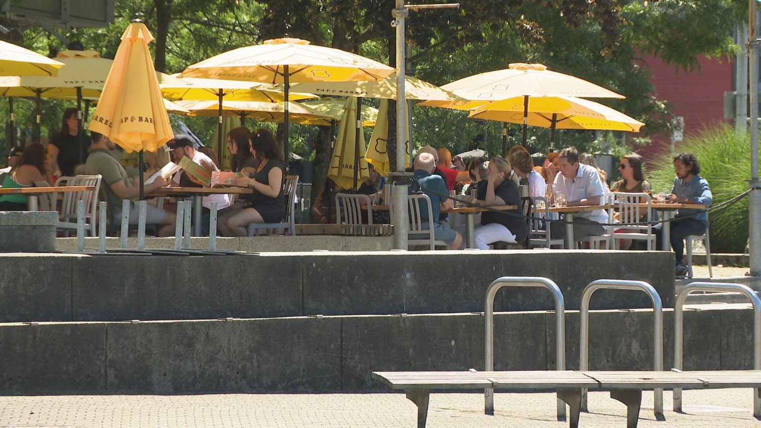 Craft beer glasses served at a busy British Columbia brewery patio during summer