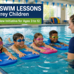 Children participating in beginner swim lessons with an instructor at a Surrey community pool.