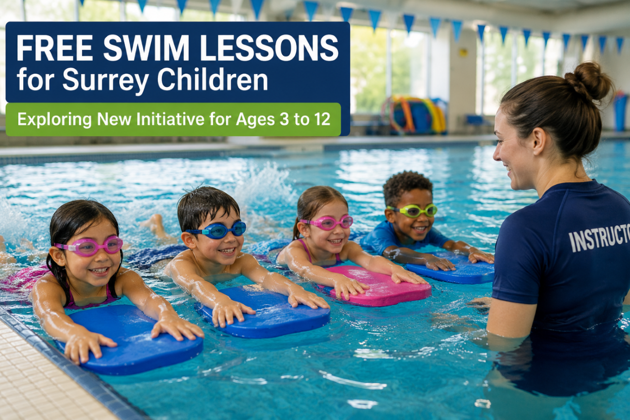 Children participating in beginner swim lessons with an instructor at a Surrey community pool.