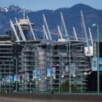 Vancouver skyline with FIFA World Cup banners and downtown hotels