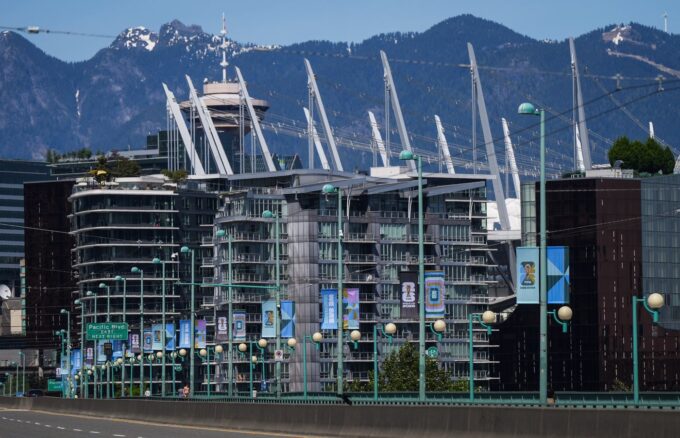 Vancouver skyline with FIFA World Cup banners and downtown hotels