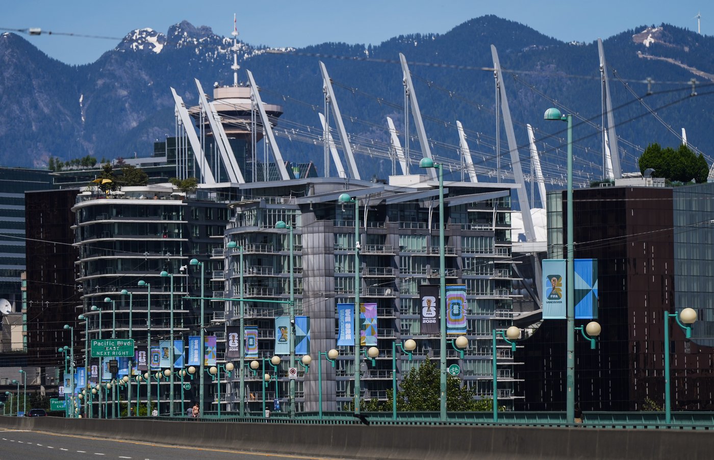 Vancouver skyline with FIFA World Cup banners and downtown hotels