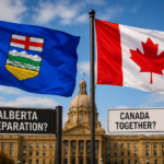 Alberta provincial flag alongside Canadian flag during discussions about separation and national unity.