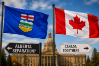 Alberta provincial flag alongside Canadian flag during discussions about separation and national unity.