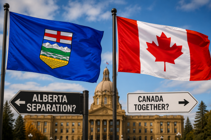 Alberta provincial flag alongside Canadian flag during discussions about separation and national unity.