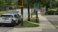 Police vehicles and officers responding to an incident near Holland Park and Old Yale Road in Surrey, British Columbia.