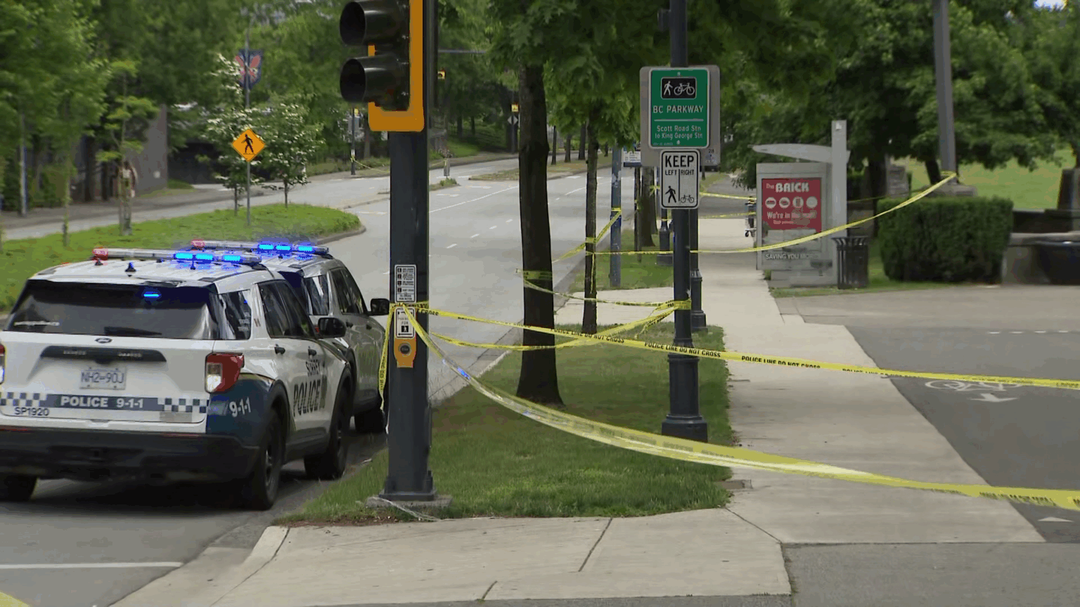 Police vehicles and officers responding to an incident near Holland Park and Old Yale Road in Surrey, British Columbia.